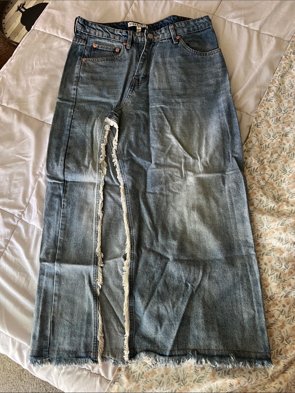 Signature8 Frayed Split-Front Denim Maxi Skirt - Blue